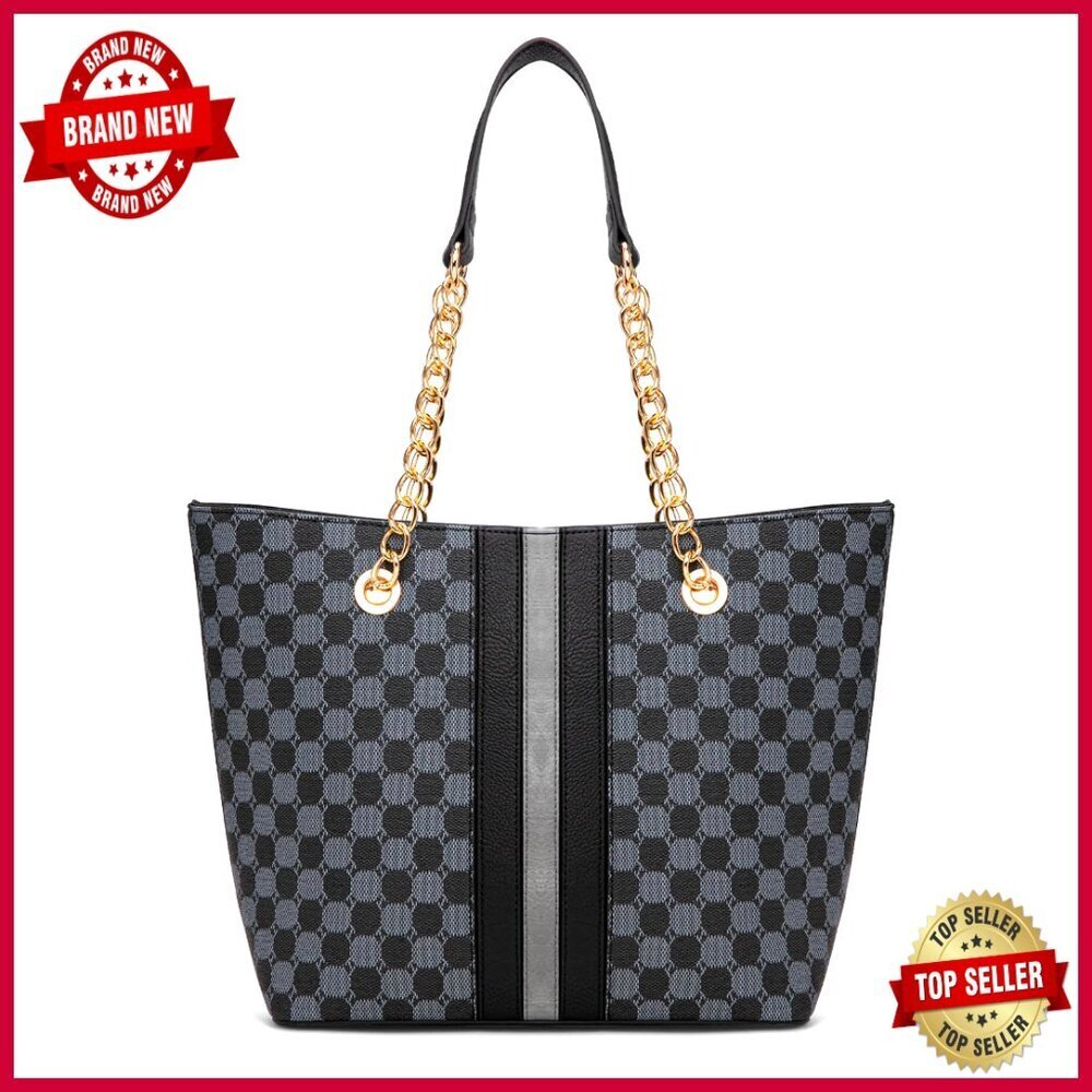 Large Vegan Leather Tote Bag with Chain Handle for Women